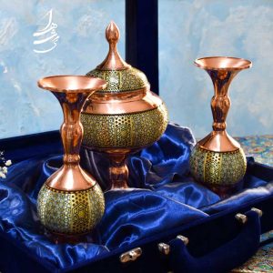 ست جفت گلدان 20 سانت و شکلات خوری 27 سانت مس و خاتم