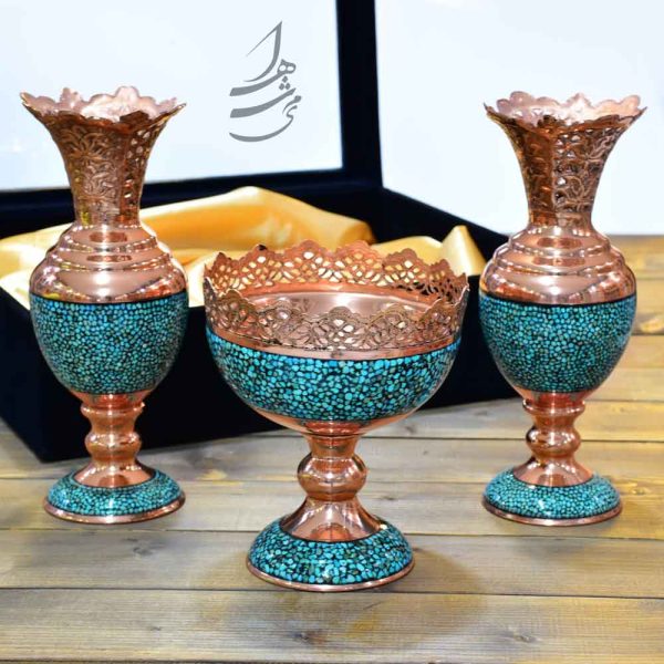 ست جفت گلدان سنبلدان 25 سانتی و آجیل خوری 16 سانتی فیروزه کوبی 1