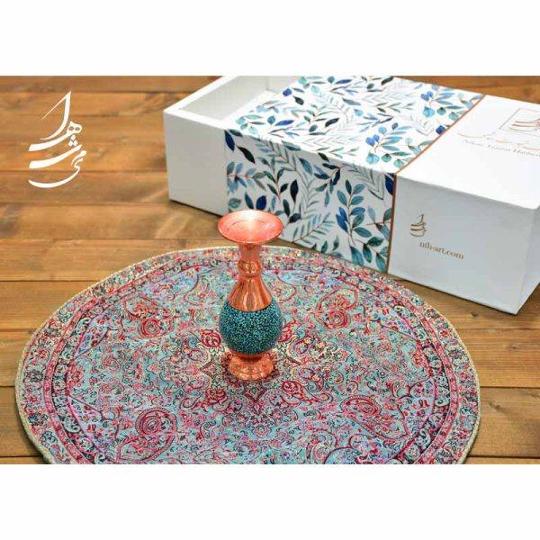 ست گلدان فیروزه کوب 16 سانتی و رومیزی ترمه ابریشم گرد 50 سانت 3