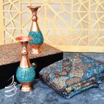 ست جفت گلدان فیروزه کوب 20 سانتی و رومیزی ترمه ابریشم