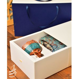 ست آجیل خوری فیروزه کوبی 13 سانتی و رومیزی ترمه ابریشم 1 در 1