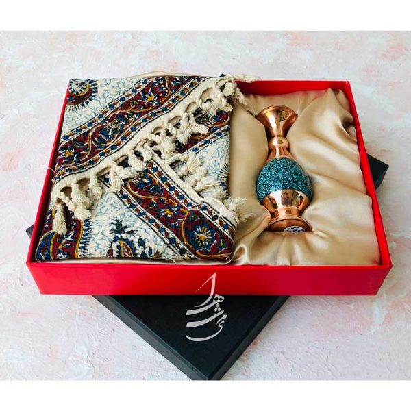 ست گلدان فیروزه کوب 13 سانت و رومیزی قلمکار 40 در 40 سانت - Image 2
