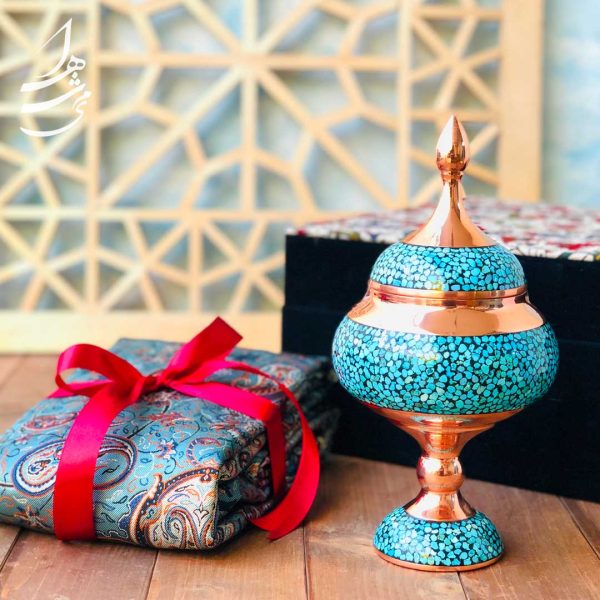 ست شکلات خوری فیروزه کوبی 25 سانتی و رومیزی ترمه ابریشم 1 در 1 - Image 3