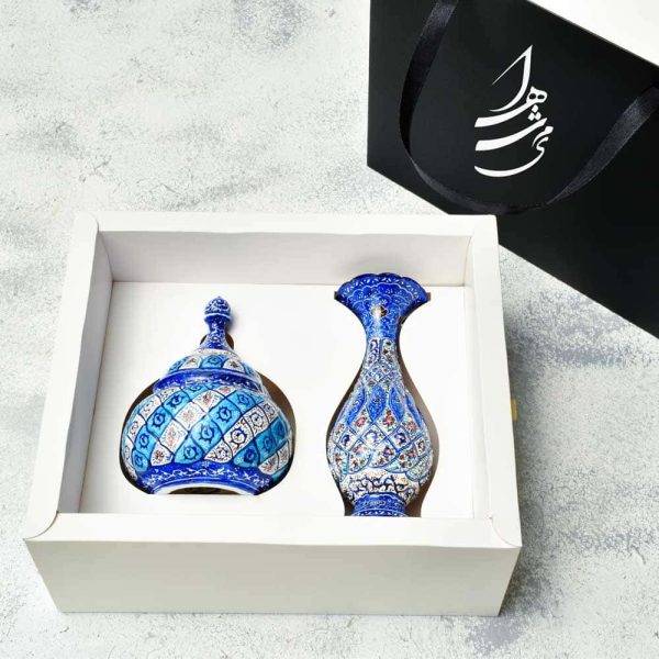 ست گلدان 16 سانتی و قندان میناکاری 2