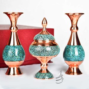ست شکلات خوری فیروزه کوبی 18 سانتی و جفت گلدان فیروزه کوبی 20 سانتی