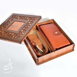 ست چرم کیف کتی و کمربند مردانه با جعبه چوبی