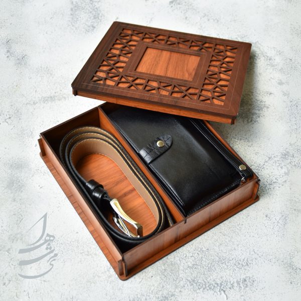 ست چرم کیف کتی و کمربند مردانه با جعبه چوبی 3