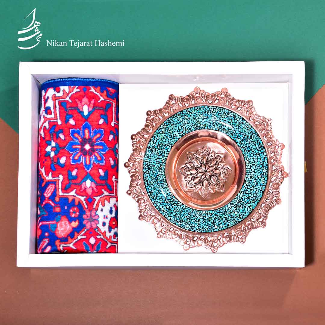 ست بشقاب فیروزه کوب 20 سانتی و رانر مخمل 30 در 90 سانتی 3