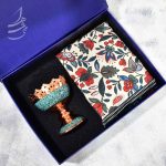 ست آجیل خوری فیروزه کوب 13 سانتی و رومیزی نخ پنبه 120 در 120