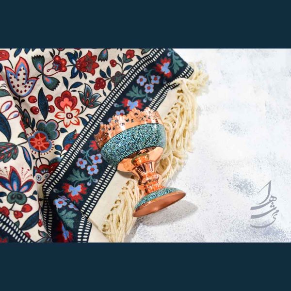 ست آجیل خوری فیروزه کوب 13 سانتی و رومیزی نخ پنبه 120 در 120 2